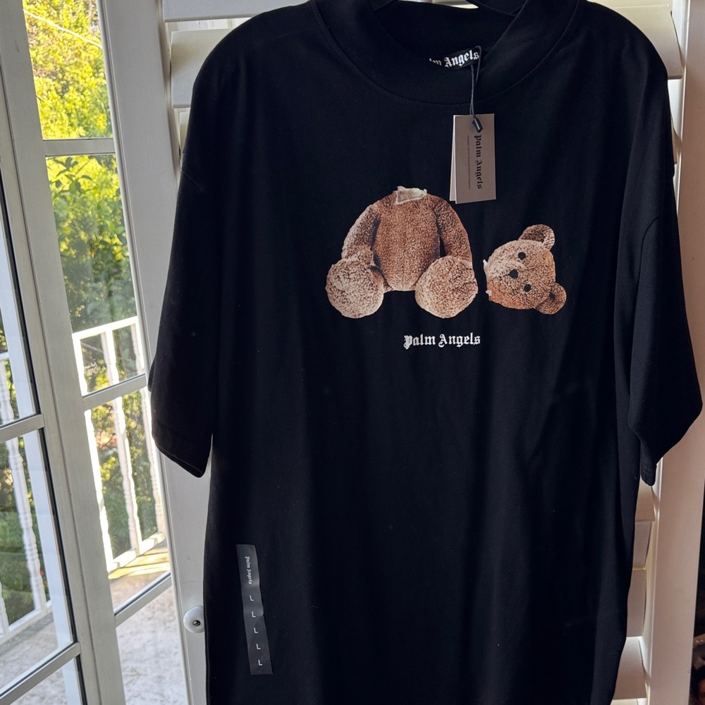 Palm Angels Black Tee with Brown Teddy Bear Design
